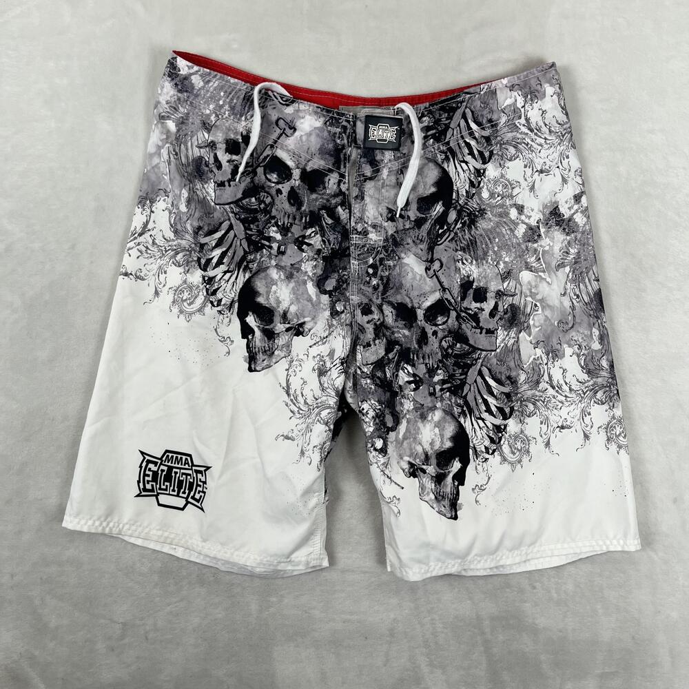 MMA Elite Shorts Mens Large White Skull Wrestling Training 10 Inseam Y2K